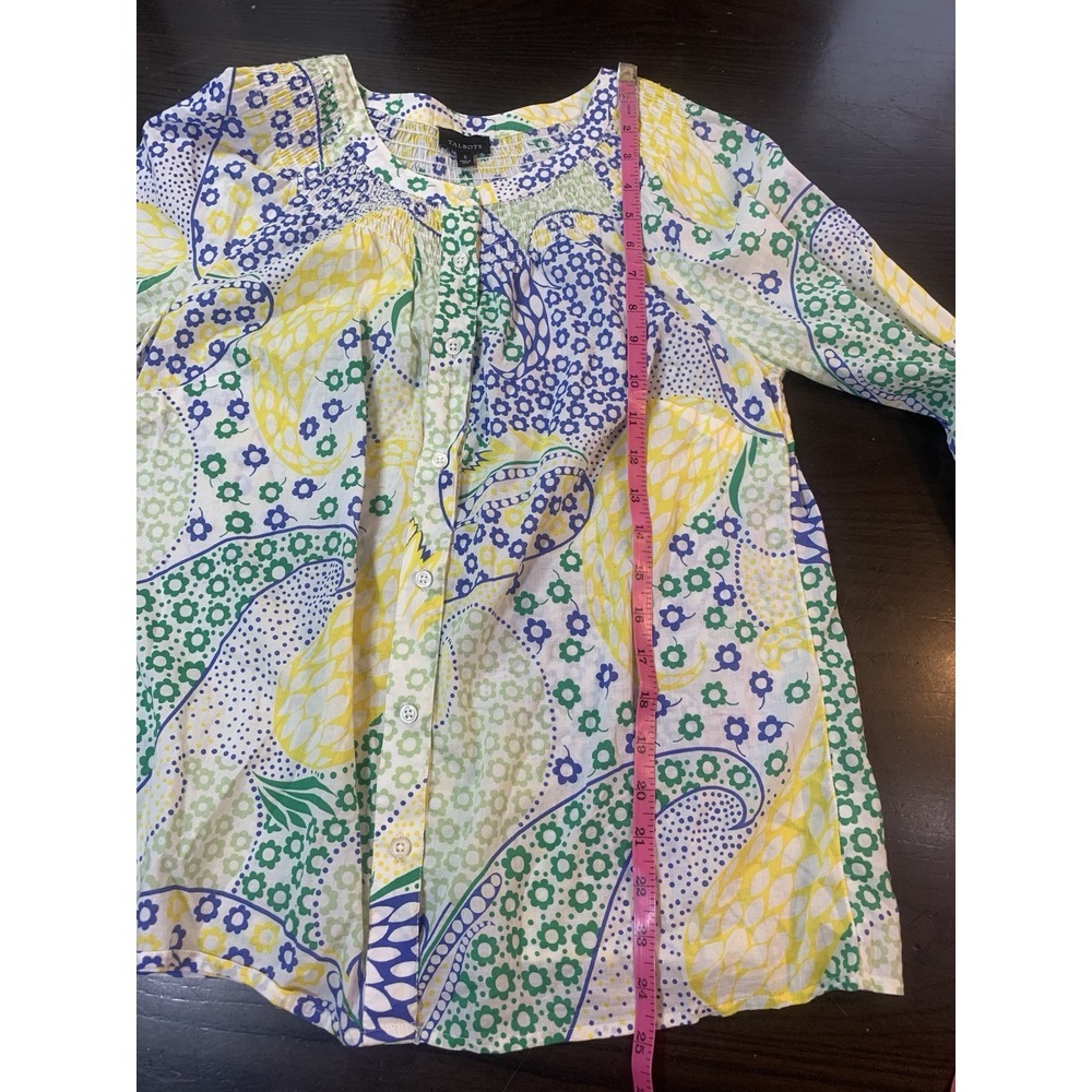 Talbots‎ Shirt Women Small Paisley Smocking Yellow Peasant Button Crochet Boho - Picture 9 of 12